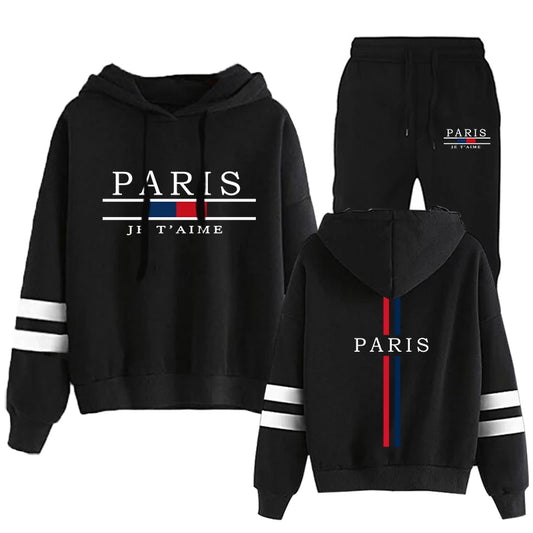 New Trend Ladies Autumn Winter Tracksuit Hooded Sweatshirt Black Sweatpants Fashion Paris Printed Hoodie 2pcs Set Women's Outfit