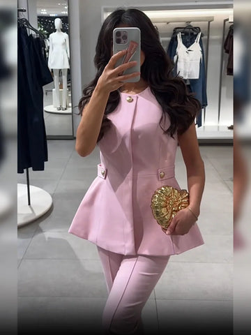 Sleeveless Pink Top Straight Pants Set Women High Waist Long Pants Casual Set Summer New Arrival Temperament Fashion Clothing