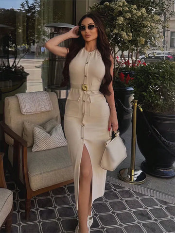 TRAFZA Women Elegant Solid Dress Back Zipper O Neck Sleeveless Dresses With Belt 2025 Summer Casual Office Lady Dress Vestidos
