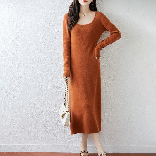 U-Neck 100% Wool Dress Women's AutumnWinter Long Sleeved Solid Color Warm And Soft Pullover Knitted Long Dress Top