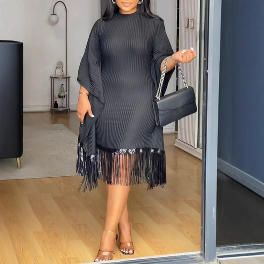 Elegant Batwing Sleeve Tassel Sequin Elastic Slim Midi Dresses Women African Traditional Style Office Ladies Evening Prom Dress