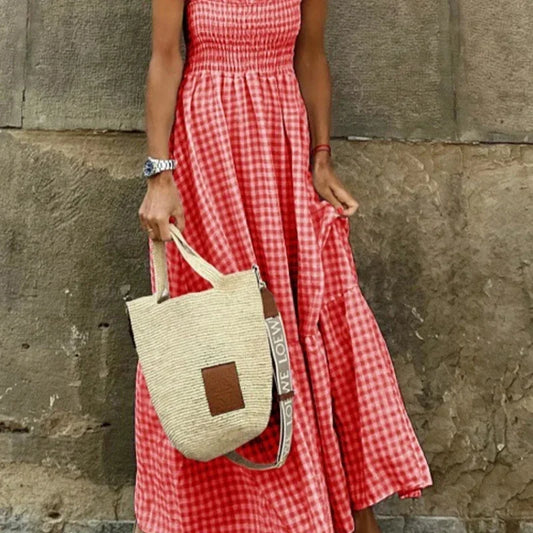 Elegant Plaid Slip Maxi Long Dress Summer Women Strapless Ruffle Backless Pleated Elastic Waist Boho Party Swing Loose Dresses