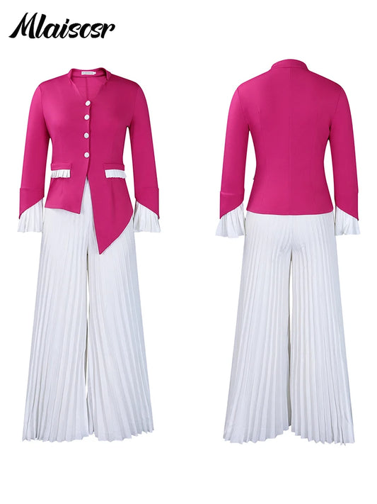 Mlaiscsr Flared Sleeve Button Blazer Shirt Tops and Pleated Wide Leg Pants 2 Two Piece Sets Women Elegant Office Ladies Outfits