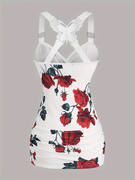 2024 spring and summer Europe and the United States new women's rose print pleated suspenders butterfly lace cross vest.