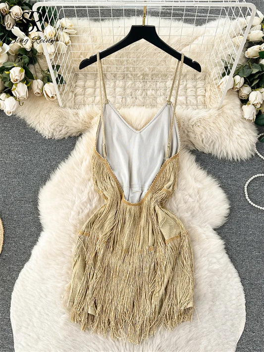 SINGREINY 2024 Sensual Backless Tassel Camis Dress Sleeveless Skinny Club Dress Women Fashion Short Sequined Party Sexy Dress