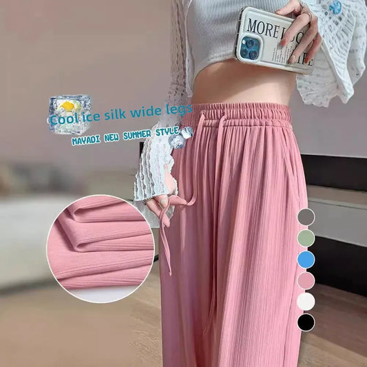 Pink Ice Silk Wide Leg Pants Women Summer Thin High Waist Drape Casual Small Cool Straight Leg Trousers AE Stock Origin China