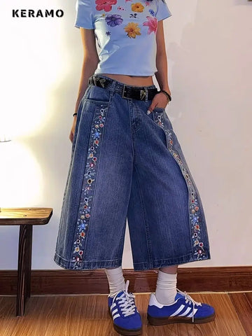 Retro Blue Floral Decoration Oversized Jeans Women Casual Baggy Pocket Y2K Mid Long Pants Grunge Street Wide Leg Denim Trouser