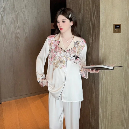 2025 Luxury Little Bee Flower Butterfly Ice Silk Two Piece Set Pajamas Women Spring Summer Long Sleeve Pants Sleepwear Nightwear