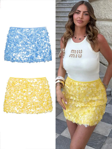 TRAFZA Women Fashion Yellow Sequin Mini Skirts Side Zipper High Waist A Line Skirt Summer Sexy Lady Elegant Club Party Skirts