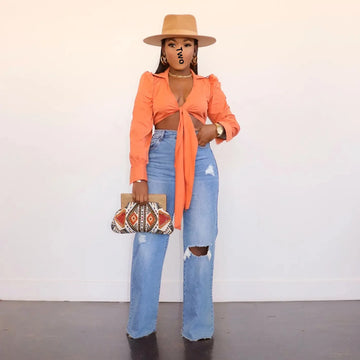 Comfortable Long High Waist Denim Jeans Women's Hole Ripped Frayed Edge Wide Leg Pants Trendy Fashionable Casual Trousers