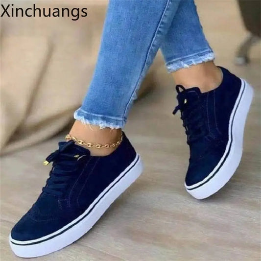 New Women Flat Casual Sneaker Spring Lace Up Sports Solid Color Walking Shoes