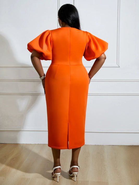 Short Lantern Sleeve Party Dress Women Modest Orange Package Hip Robe Bodycon African Female Evening Celebrate Birthday Gowns
