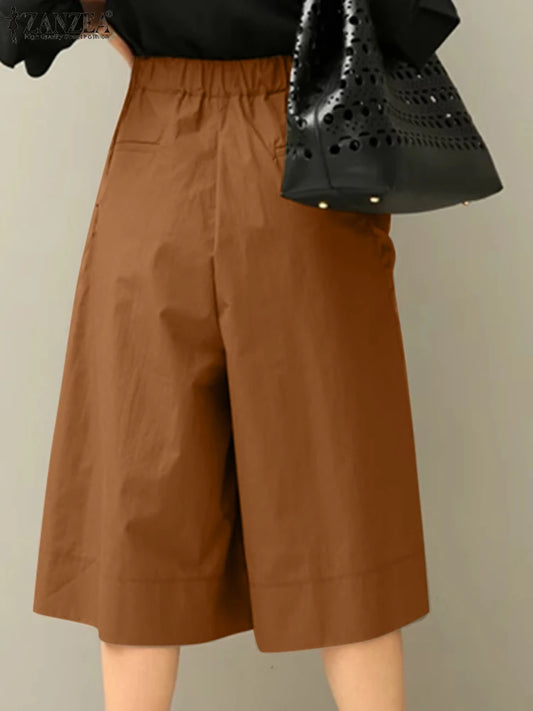 2025 ZANZEA Summer Women Wide Leg Pants Causal Pleated Calf-Length Pants Loose Pockets Solid Fashion Elastic Waist Pantalons