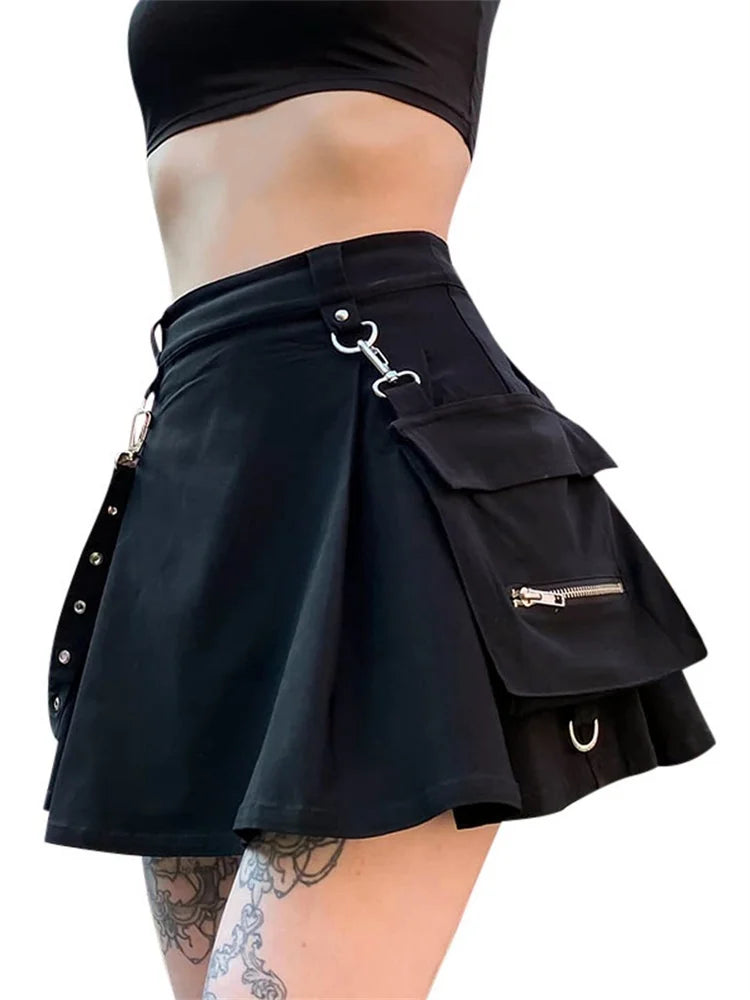 Women Gothic Punk Mini Skirts High Waist Half Skirts with Belt Pocket Korean Fashion Pleated Skirt