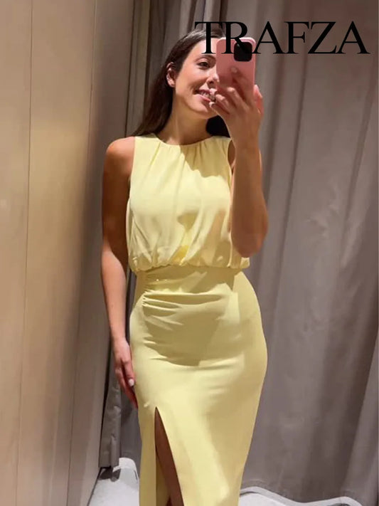 TRAFZA 2025 Women Summer Holiday Style Long Dress Sleeveless Split Hem Fold Decoration Women's Fashion Solid O-Neck Dresses