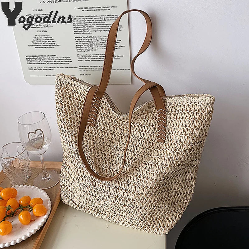 Summer Woven Shoulder Bag Women Beach Shoulder Bag Female Straw Knitted Handmade Large Capacity Handbag Purse Travel Tote Bags