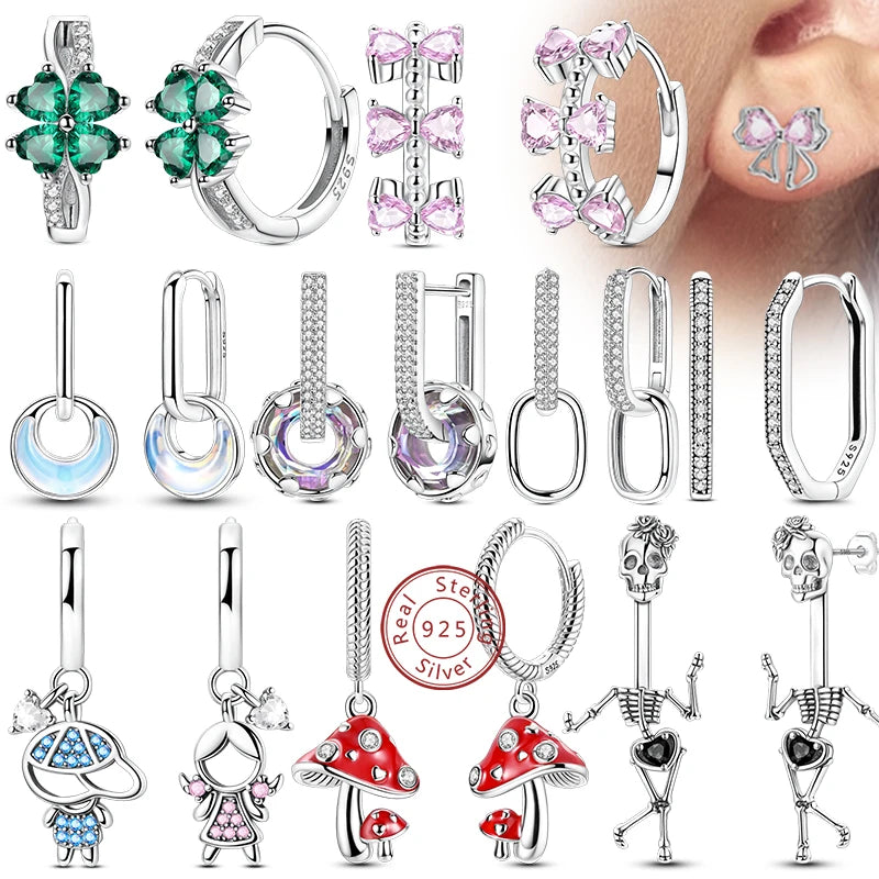 Hoop Earrings New Original 925 Sterling Silver Sweet Heart Bow Round Zircon Studs Drop Earrings For Women Girl Fine Jewelry