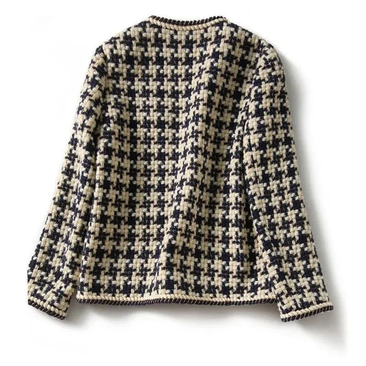 Bright Silk Bright Line Decoration Plaid Vintage O-Neck Long Sleeve Women's Jacket Covered Button Short Jackets Coat For Women