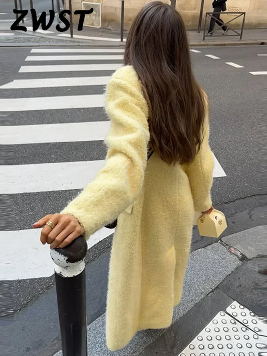 Elegant Lamb Wool Solid Women Maxi Coat Thicken Full Sleeve Lady Outwear 2024 Fashion Autumn Lapel Single Breasted Female Jacket