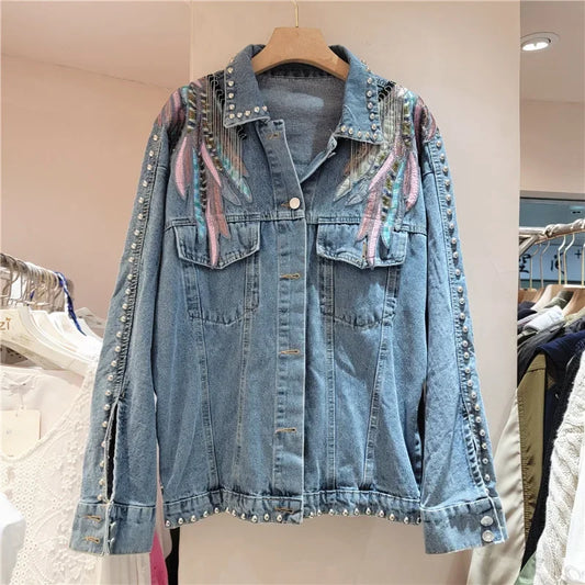 Harajuku Vintage Wings Embroidery Chain Tassel Denim Jacket Women Blue Short Coat Casual Long Sleeve Spring New Chaqueta Mujer