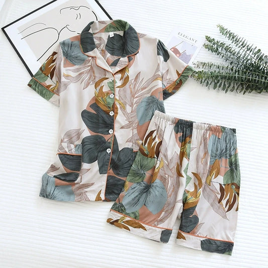 Aoaiiys Printed Pajamas Sets for Women Two-piece Set Short Sleeve Button Pocket Tops Elastic Waist Shorts Summer Loose Sleepwear