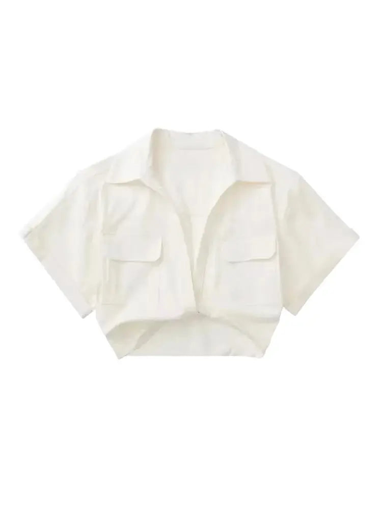 TRZA Women Fashion Front Knot Elastic Linen Cropped Shirts Vintage Short Sleeve Patch Pockets Female Blouses Blusa Chic Tops