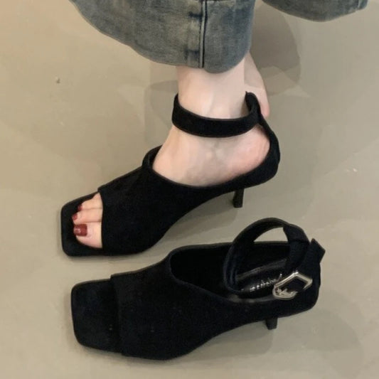 Vintage Square Toe Faux Suede Modern Boots sandals for Women Sexy Open Toe Wrap Heel Summer Ankle Boots Fashion Designer Heels