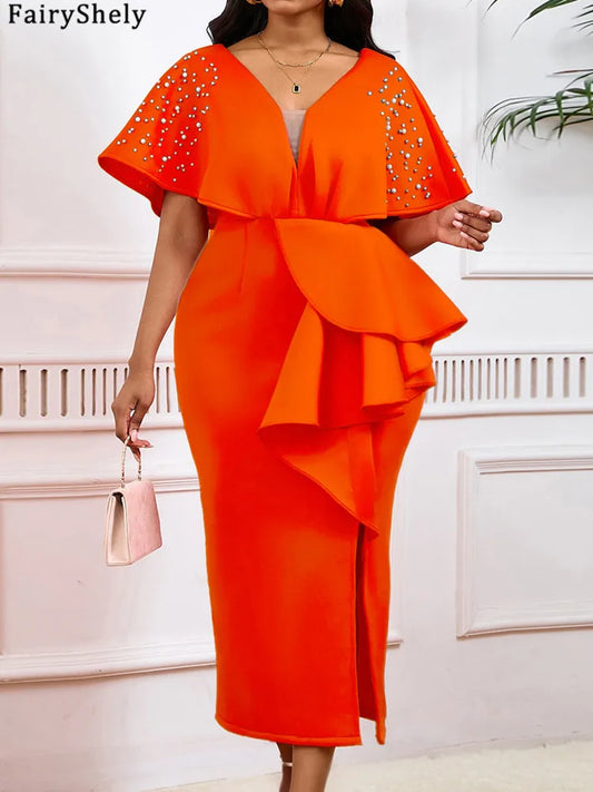FairyShely 2025 Solid Short Sleeve Plus Size Dress Sexy Women Ruffle Large Big Dresses Lady V Neck Party Tight Curvy Dress