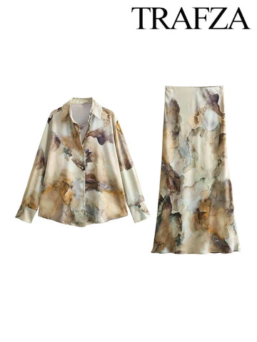 TRAF Women's Temperament Tie-Dye Silk Texture Suit Single-Breasted Long Sleeve Loose Shirt Midi Elastic Waist Long Skirt