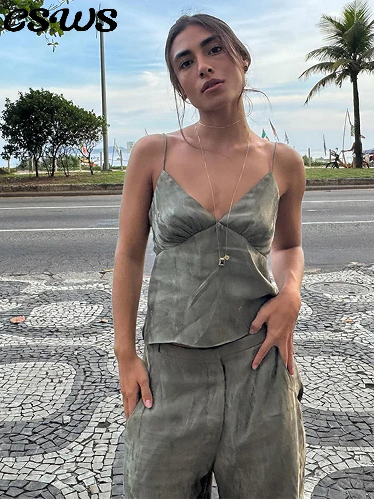 Elegant Strap Top Loose Pants Set Women Solid Tube Top Sleeveless Vest Wide Leg Straight Trousers 2025 Summer Fashion Outfit