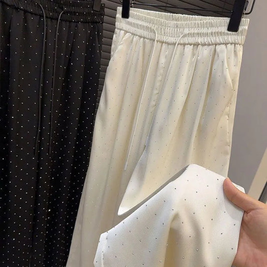 Lucyever High Quality Luxury Full Rhinestone Straight Pants Women Fashion High Waist Loose Wide Leg Trousers Solid Casual Pants