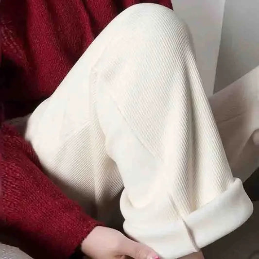 High Waist Fleece Lined Casual Wide Leg Pants Women's Khaki Autumn Winter New Style Drapey Straight Cut Small Size Friendly