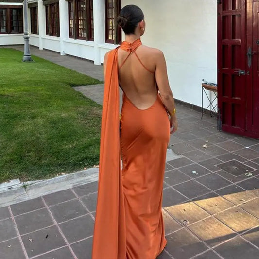 Elegant Satin Halter Women's Long Dress Sexy Sleeveless Backless With Scarf Slim Fit Party Evening Dresses Fashion Ladies Robes