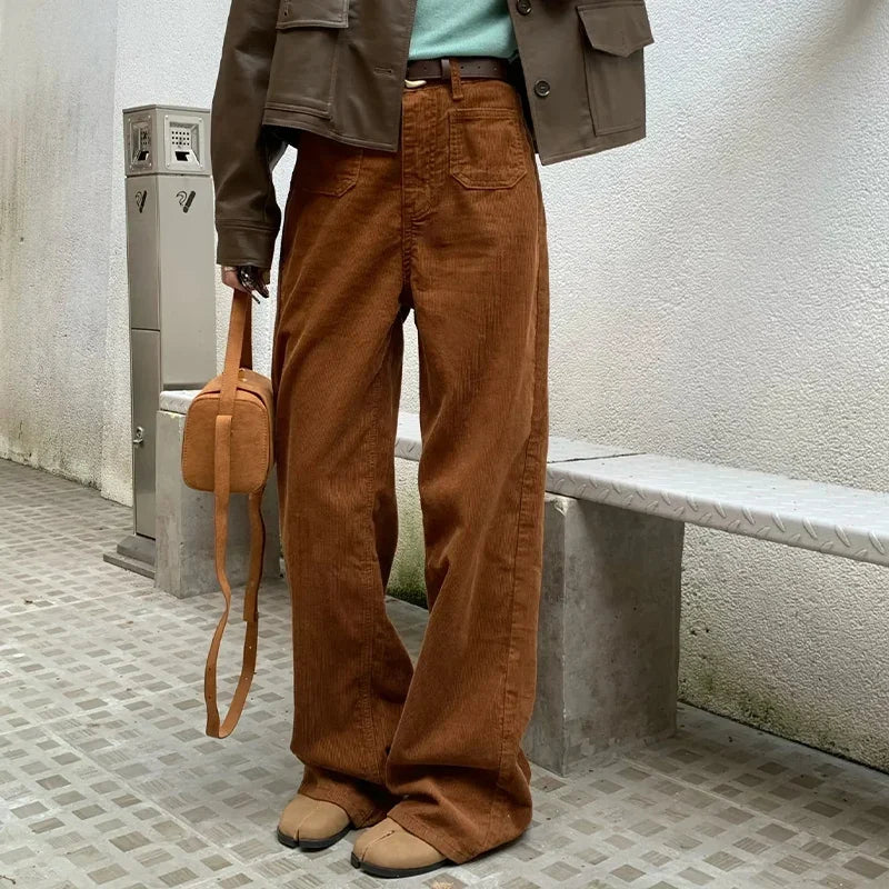 Corduroy Loose Straight Leg Pants Women's Casual Trousers Spring Autumn Outerwear High Waist Versatile New 2025 Model