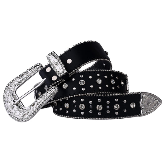 Black Cross Rivet Belt Engraved Buckle Rhinestone Decor PU Belt Hip Hop Jeans Pants Belt Punk Western Cowboy Cowgirl Belts