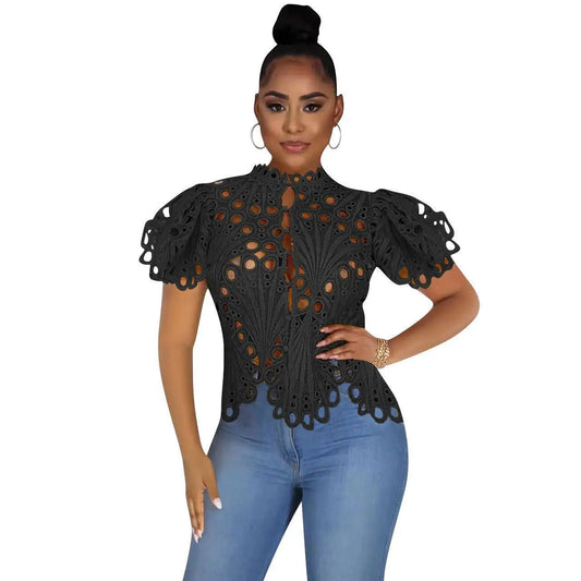 High Quality Women Summer Short Sleeve Hollow Cut Top Slim