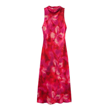 Women Printed Midi Dress Spring Caual Women Sleeveless Satin Dress Back Button Silk Texture Female Chic Elegant Dress