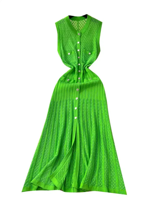 Ladies 2024 Summer Black Sexy Sleeveless O-neck Single Breasted Knit Dress Women Green Elegant Slim Fashion Pleated Long Dresses