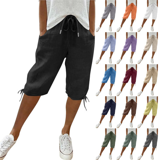 Womens Cotton Linen Five Pants Summer Daily Cool Comfy Tapered Pants Casual Drawstring Elastic Waist Five Half Pants Pantalone