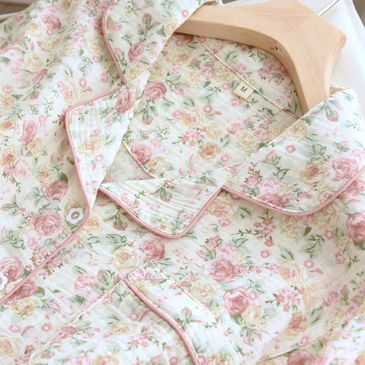 2025 Autumn Cotton Crepe Women's Pajamas Casual Soft Loose Sleepwear Long Sleeve Pants Pajama Sets Night Clothes 2-piece Set