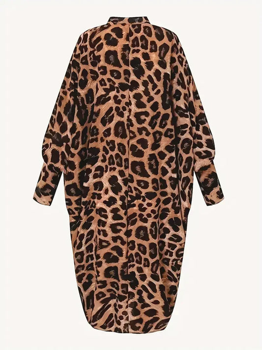 Plus Size 1XL-5XL New Women's Fashion Boho Dress Ladies Casual Leopard Print Batwing Sleeve Keyhole Round Neck Baggy Dress