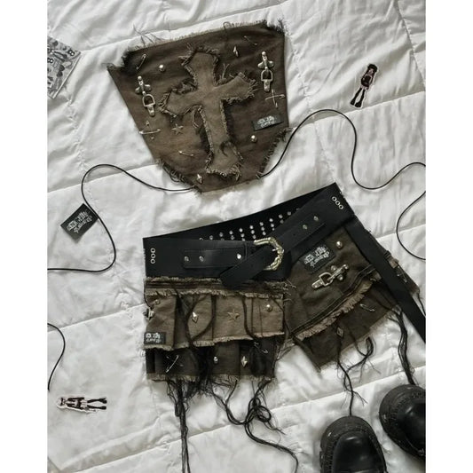 Harajuku sexy hot girl ceiling design mini denim skirt for women high quality embroidery American vintage Y2K two-piece set 2025