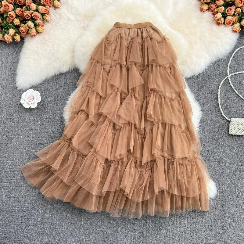 Fashionable Medium-length Elastic Mesh Skirt Elegant Irregular Pleated Skirt For Women Summer Loose Fitting Cake