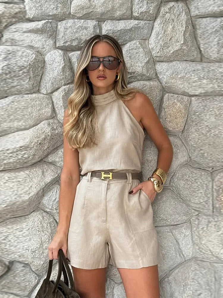 Cotton Linen Shorts Sets For Women Elegant Sleeveless Chic Vest High Waist Shorts 2 Pieces Sets Office Lady Street Outfits