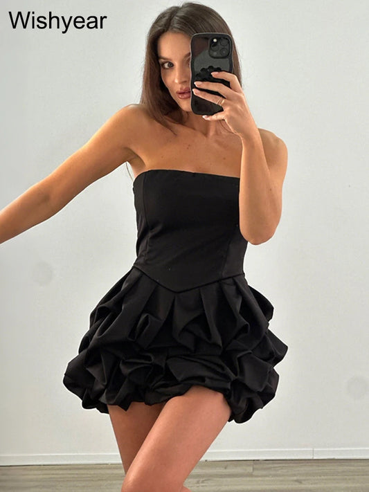 New Red Dress Women Sexy Strapless Backless Pleated Ruffles Bubble Bodycon Mini Dresses Evening Party Elegant Summer Vestidos