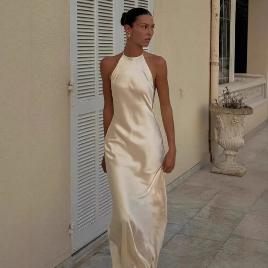 Moonlight Gown – Satin Elegance with Halter Neckline