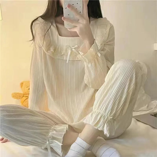 Spring and Autumn New Women's Pajamas Homewear Set of Girls Pajamas Spring and Autumn Lace Pit Stripes Student Pajamas Homewear