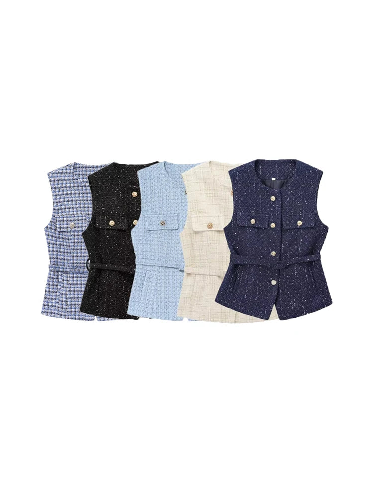 TRZA-Women's Tweed Waistcoat with Belt, O Neck, Sleeveless, Front Button, Female Outerwear, Chic Tops, Fashion