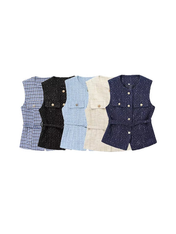TRZA-Women's Tweed Waistcoat with Belt, O Neck, Sleeveless, Front Button, Female Outerwear, Chic Tops, Fashion