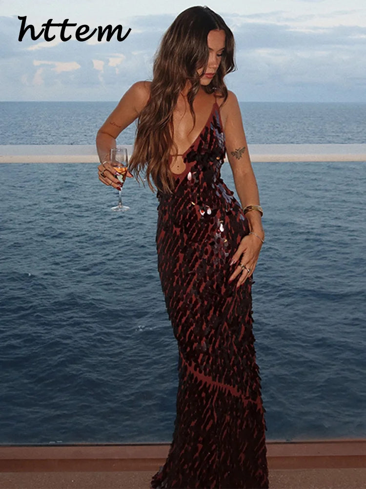 Sexy Hollow Out Sequined Long Party Dress Women V-neck Sleeveless Backless Sling Dresses 2025 Summer Lady Beach Holiday Robes